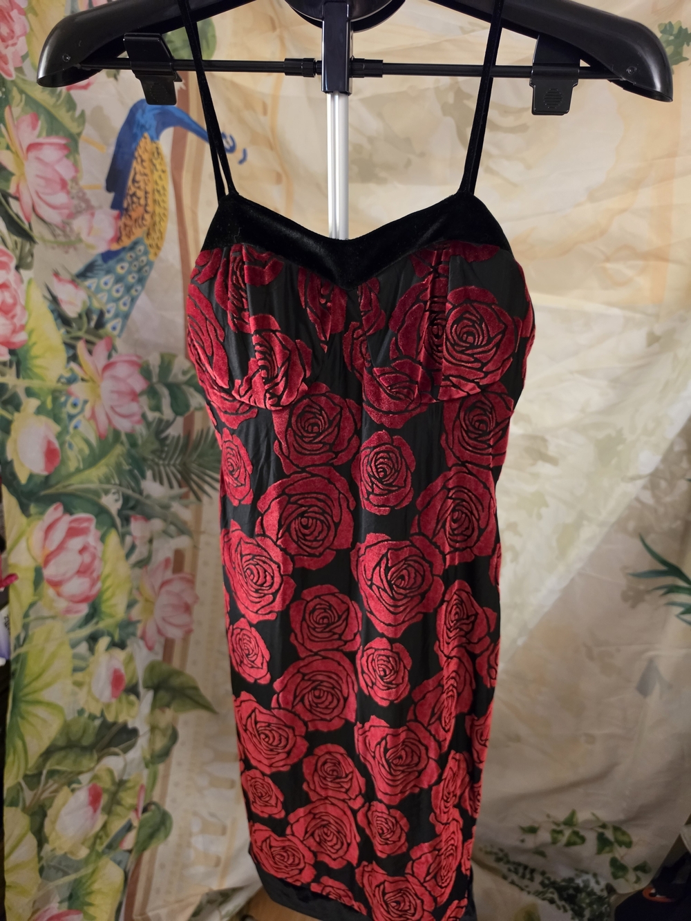 Codigo Black Slip Dress with Red Rose Velvet Burnout